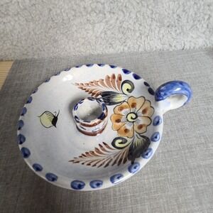 Tonala Mexico Chamberstick Taper Candle Holder Pottery Butterfly Floral Signed